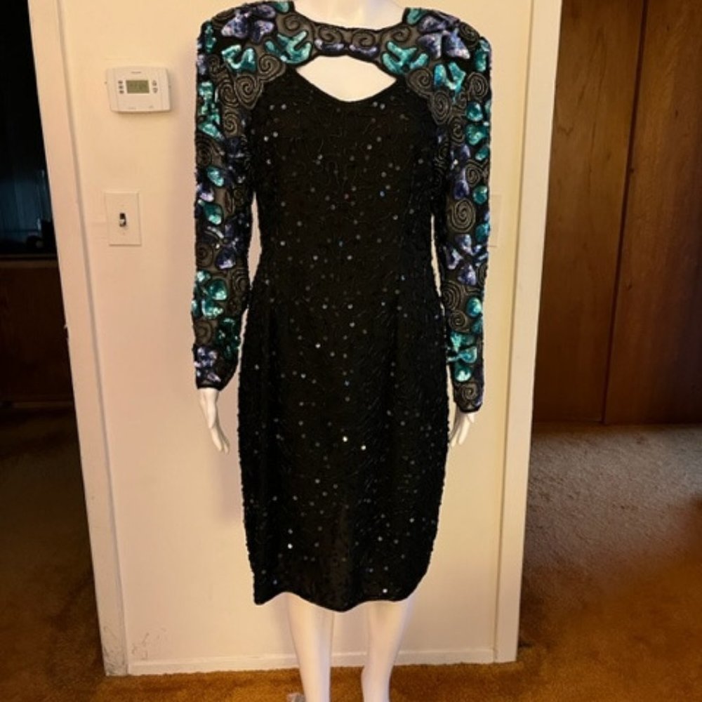 Unsigned Designer Black,  Silver and, Green Beaded Cocktail Dress